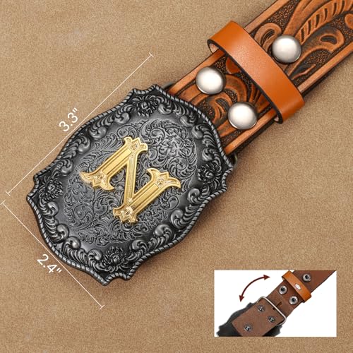 Western Cowboy Leather Belt Men Women, Gold Initial Letters ABCJMZ Buckle Embossed Belt for Jeans