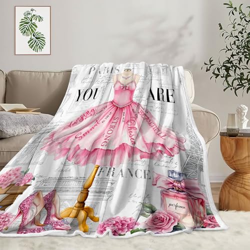 Image of Paris Pink Dress Floral Flannel Throw Blanket, Vintage Eiffel Tower Perfume High Heel Cozy Decor Blanket for Couch Bedroom Camping, Gift Blanket for Women Girls Home Fans,60X70 Inch