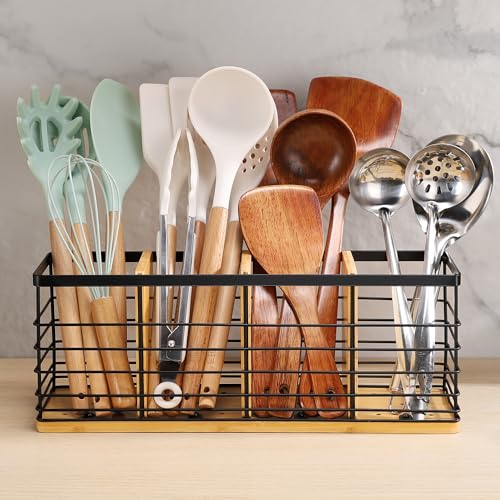 Kitchen-Utensil-Holder-for-Countertop-Large-Matte-Black-Utensil-Holder-with-Wooden-Base-Multifunctional-Farmhouse-Cooking-Utensil-Organizer-Rustic-Cooking-Utensil-with-4-Compartments Kitchen Utensil Holder for Countertop Large Matte Black Utensil Holder with Wooden Base Multifunctional Farmhouse Cooking Utensil Organizer Rustic Cooking Utensil with 4 Compartments