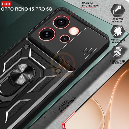 Image of Armor Bumper Back Cover Case for Oppo Reno 15 Pro 5G Rotating Camera Cover, Ring Holder & Kickstand | Heavy Duty & 360 Degree Protection Oppo Reno 15 Pro 5G Back Cover (Black)
