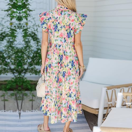 Image of Women Patchwork Dress Y2k Floral Puff Short Sleeve Maxi Dress Summer Boho Smocked Tiered Ruffle Beach Sundress