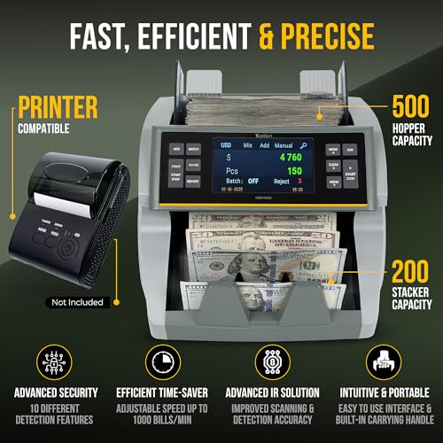 Image of KOLIBRI Money Counter Machine I LCD Display I Business Grade I Advanced IR /UV /MG /MT /DD /HLF Detection I Mixed Denomination (USD) I 1,200 Notes /Min I 3-Year Warranty I KBR-1500 V2
