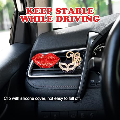 Image of Rislobx 4PCS Bling Car Air Freshener Vent Clip, Crystal Diamond Lips Lipstick Carnival Mask Car Diffuser Vent Clip Cute Car Bling Accessories Decoration for women (Red)