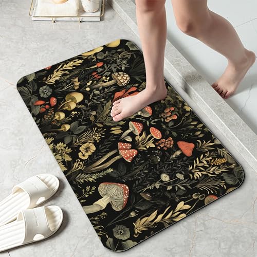 CADITATA Retro Mushrooms Bathroom Rug 29.5x17 Super Absorbent Fast Drying Bath Mat with Non-Slip Rubber Backing Thin Low-Profile Easy-Clean Bathroom Floor Mat for Shower or Tub