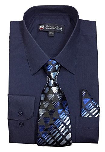 Fortino Landi Men's Long Sleeve Dress Shirt with Matching Tie and Handkerchief (17-17.5 Neck 36/37 Sleeve (XLarge), Navy)