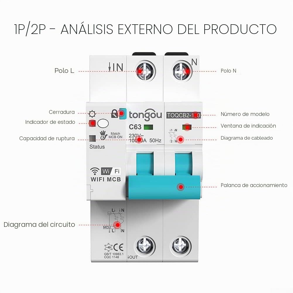 para Tuya MCB - Disyuntor de medición WiFi, interruptor de circuito inteligente, temporizador de vida inteligente, control remoto inalámbrico, 2P