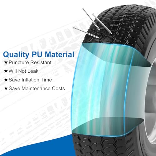 Image of 4.10 /3.50-4 inch Flat Free Tires, 10 Inch Solid Tires and Wheels Replacement with 5 /8 inch Axle Bore Hole, 2.2 inch Offset Hub for Hand Truck, Garden Cart, Lawn Cart, Wheelbarrow, 2 Pack