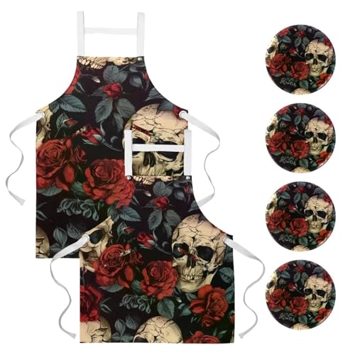 Lot de 2 tabliers de cuisine tête de mort en fleurs et roses avec 4 broches