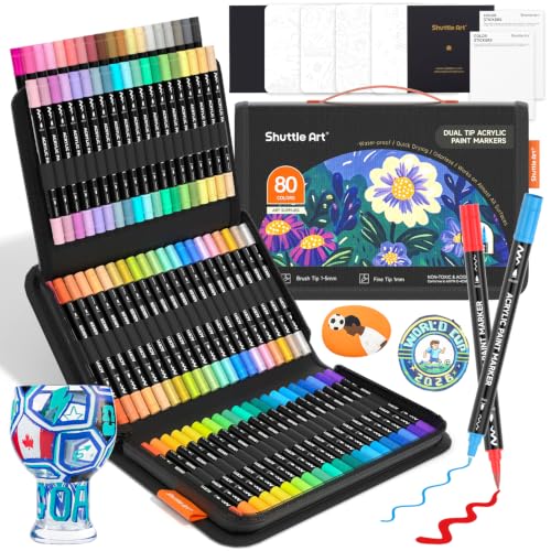 Image of Shuttle Art 80 Colors Dual Tip Acrylic Paint Markers, Brush Tip and Fine Tip Acrylic Paint Pens for Rock, Ceramic, Wood, Canvas, Plastic, Glass, Stone, Calligraphy, Card Making, DIY Football Crafts