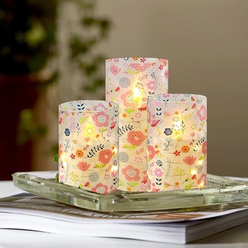 Image of Floral Flickering Flameless Candles, Recessed String Light LED Candles 3D Wick Acrylic Battery Operated LED Pillar Candles with Remote and Timer for Spring Decor Set of 3(Cute Floral)