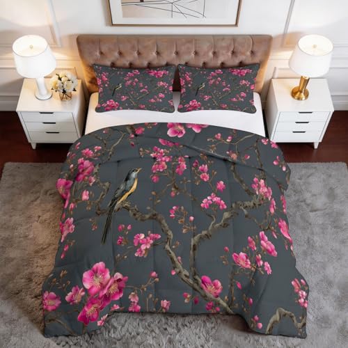 Edredón sin funda botánica flor cerezo animal pájaro 240 x 220 cm – Edredón de 4 estaciones reversible chino tradicional con fundas de almohada, juego de cama suave y lavable para adultos adolescentes