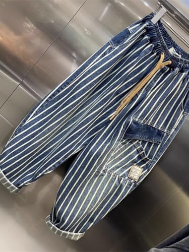 LIXINGHEITANG Large Size Vertical Striped Workwear Denim dad Pants Mens Summer Elastic Waist Hiphop3