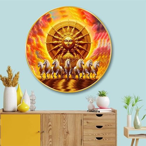 Image of SAF Surya Dev Round Wall Art | 3D Embossed MDF Panel with Golden Rim | Divine Sun God with Seven Horses | Luxurious Religious Art Frame for Wall Decoration (23 x 23 Inch) GR-307