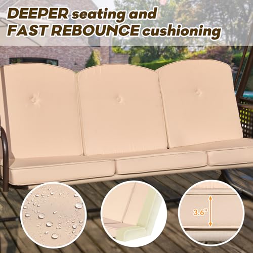Image of 3 in 1 Outdoor Porch Swing with Adjustable Canopy, 3 Seat Outdoor Swing for Adults, Patio Swing Chair with Thickened Cushions,Pillows & Cup Holders for Backyard, Porch, Garden (Khaki)