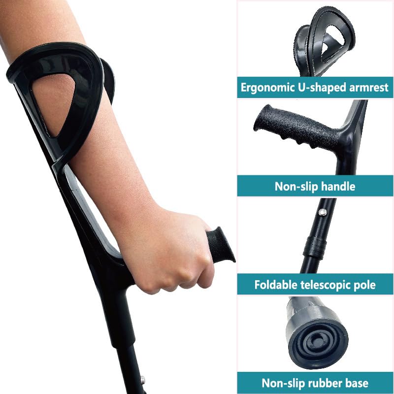 Béquilles pour adultes hommes (x2 unités, poignet ouvert), béquilles de coude pour femme, marche réglable, noir ou pliable