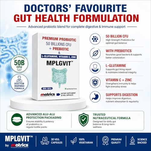 Image of Premium Probiotic 50 Billion CFU | 20 Strains + Prebiotic FOS + L-Glutamine + Vitamin C & Zinc | Supports Digestion & Bowel Movement | Helps Gas, Bloating & Constipation | Individually Sealed ALU-ALU Blister - Maintains Live Bacteria Till Consumption | 30 Veg Capsules