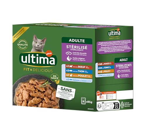 Ultima Fit & Delicious - Comida húmeda para Gatos Esterilizados - Multipack de 8x85g (Pollo, Buey, Atún, Pescado del Océano)