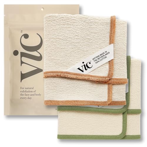 VIC Deep Exfoliating Face & Body Washcloth | Premium Natural Cotton | Intensive Skin-Renewing Texture | Artisan Made in The Netherlands | 14 x 17 2-Pack