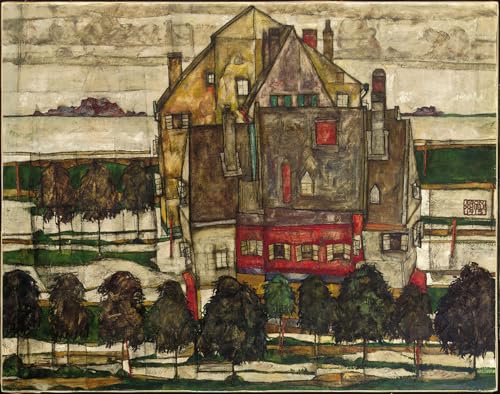 Lienzo de Egon Schiele Casas con montaña: arte vintage texturizado de 60x90cm para salón