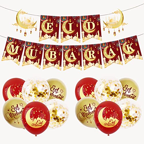 Eid Decorations for Home Set Red Gold Eid Mubarak Banner Bunting &12Pcs EidMubarak Decorations Balloons Ramadan Mubarak Decoration for Home Hanging Muslim Islamic Ramadan Kareem Party Decorations