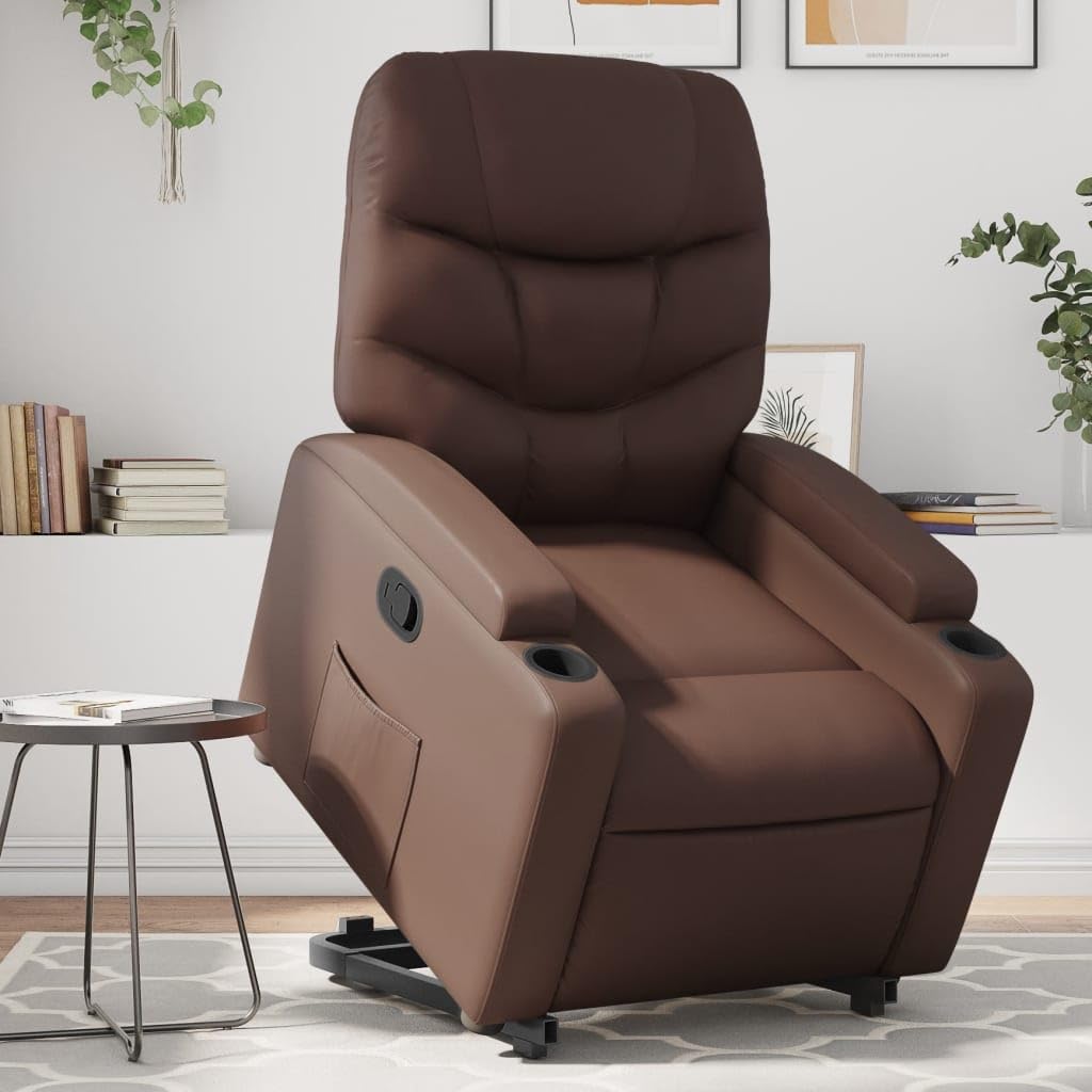 Fotel relaksacyjny z funkcją wspomagania wstawania, brązowy, sztuczna skóra, regulowany i obrotowy, do salonu, sypialni, biura, lounge, z uchwytami na kubki i kieszenią boczną