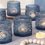 Sunnyfuture 6Pcs Large Votive Candle Holders Blue Glass Tealight Candle Holders for Wedding, Table Centerpiece, Party, Birthday, Home Decor