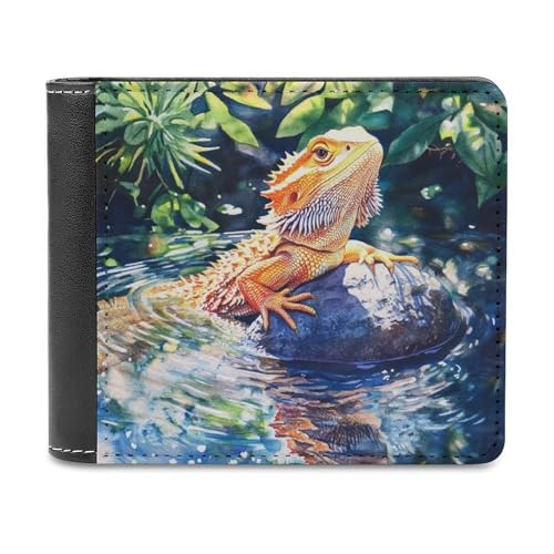 Bearded Dragon on Rock Fashion Bifold Wallets for Men Women Slim & Thin Credit Card Holder Wallet Purse