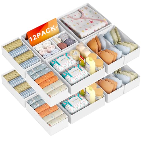 DIMJ Organizer Armadio - Organizer Cassetti, Separatori per Cassetti Divisori per Cassetti Organizzatore Cassetti, per Calze, Biancheria Intima, 12 Pezzi, Bianco
