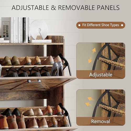 Image of Shoe Cabinet with 3 Flip Drawers, Freestanding Hidden Shoe Storage Organizer for Entryway, Narrow Slim Shoe Rack Cabinet with Open Storage & Hooks for Front Door Entrance, Living Room, Hallway, Brown
