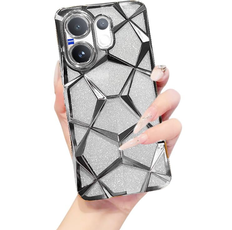 Image of VONZEE Gradient Glitter Case for VIVO V60, Luxury Electroplated 3D Cube, Diamond Bling Shiny Soft TPU Clear Shockproof Women Girls Protective Phone Cover (Silver)