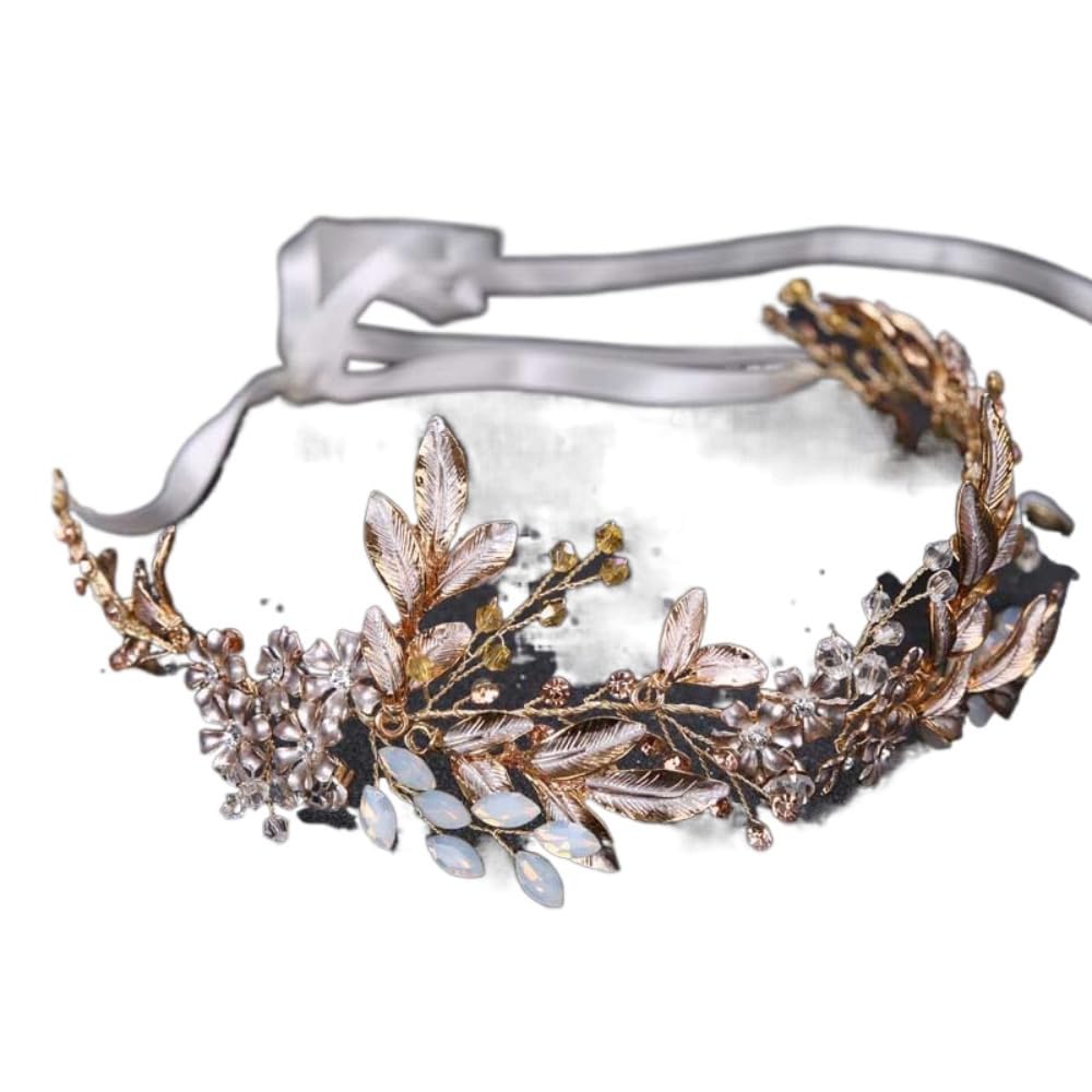 Fasce per capelli alla moda vintage con foglie bianche e fiori, fascia per capelli da sposa con nastro