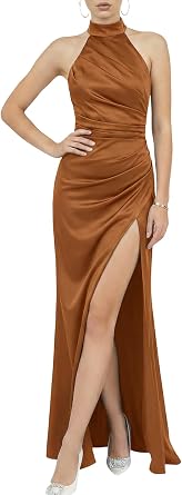 Womens 2026 Thick Satin Halter Ruched Maxi Dress High Split Bodycon Formal Prom Gowns
