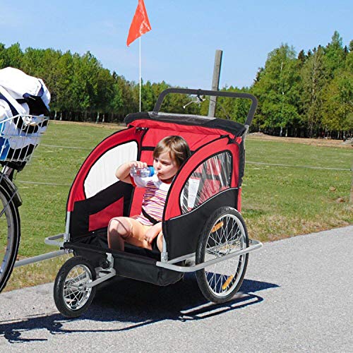 2-in-1 Double 2 Seat Bicycle Bike Trailer Jogger Stroller with Handle Bar and Wheels Bike Hitch Safety Flag, 20 Inch Wheel Size, Foldable Bike Wagon Trailer