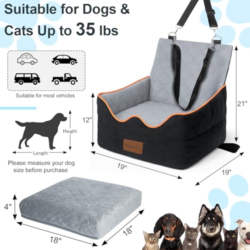 Dog Car Seat for Small/Medium Dogs Under 35lbs, Pet Booster Seat with 4In Memory Foam Cushion, Fully Detachable and Washable, Travel Dog Carseat with Storage Pocket and Safety Belt - Image 4