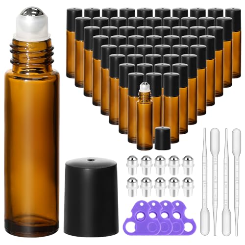 KEYWING 54 Pack Empty Essential Oil Roller Bottles – 10ml Amber G...