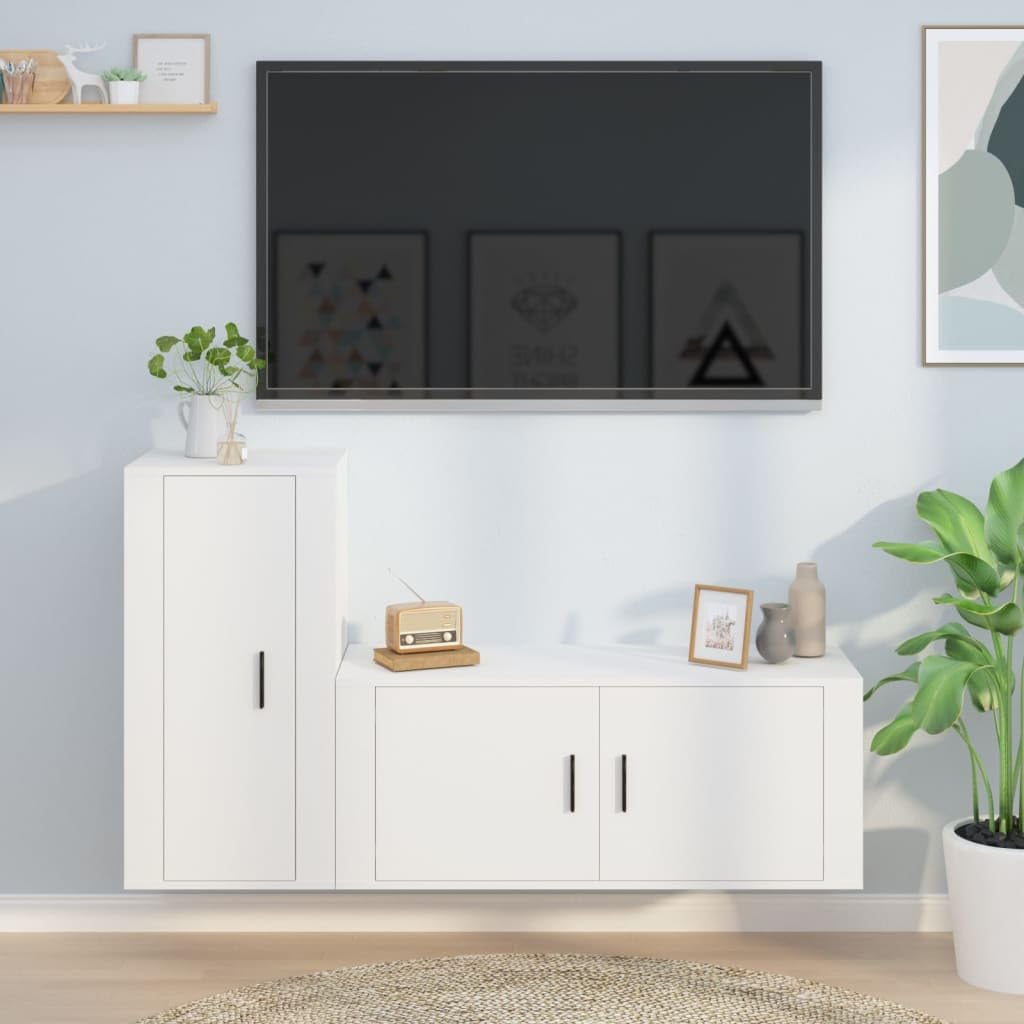 2-TLG. TV-Schrank-Set Weiß, Holzwerkstoff, Wandmontage, Modernes Media Center für Wohnzimmer, Viel Stauraum, Schwebendes Design, Robust & Stabil