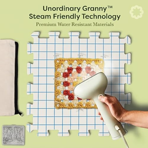Image of Unordinary Granny Crochet Blocking Board Set - 9 Extra Thick Interlocking Mats with Grid, 150 T-Pins, Felt Storage Bag and Cotton Pouch (Soft White)