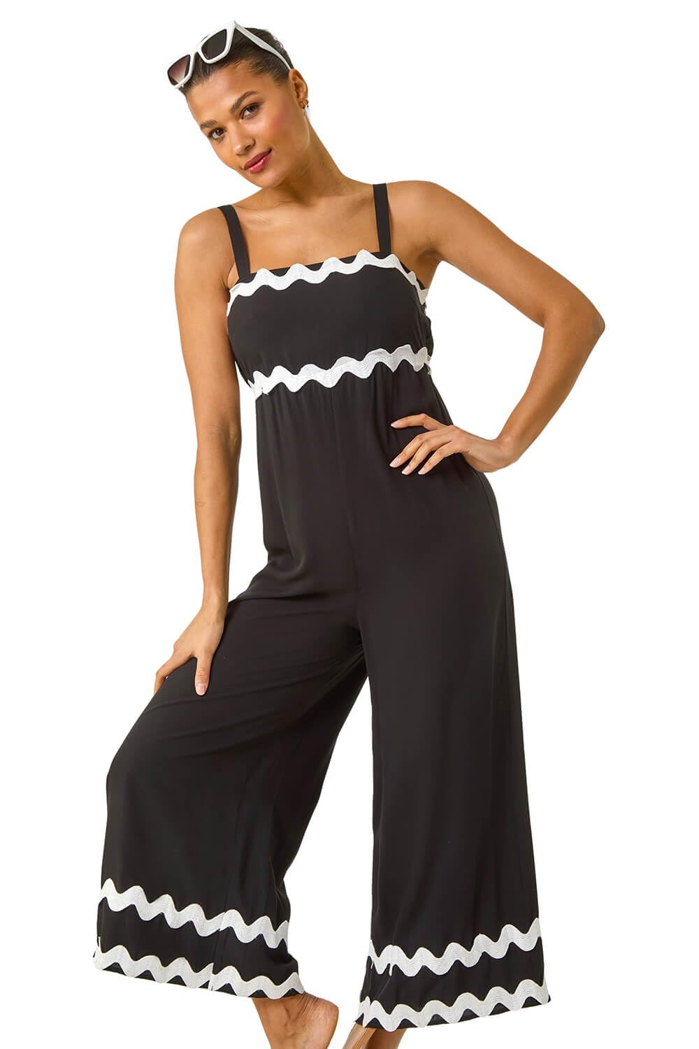 Roman Originals Women's Black Ric Rac Strap Detail Jumpsuit For Uk - Everyday Holiday Spring Summer Square Neckline Comfy Soft Evening Vacation Work Party - Size 18
