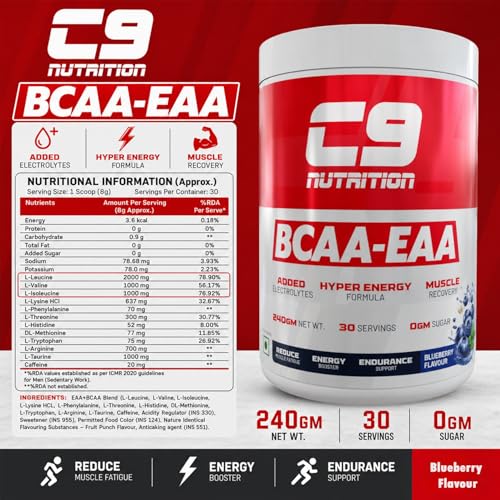 Image of C9 Nutrition BCAA + EAA Powder for Men & Women | 5000mg BCAA + 9000mg EAA | Amino Acid Supplement for Muscle Recovery & Endurance | Sugar Free | Blueberry Flavour | 30 Servings