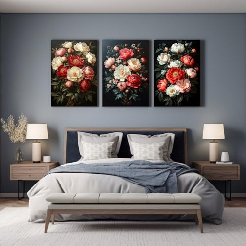 Posters plantes rétro fleurs rouges lot de 3 tableaux 50x70cm