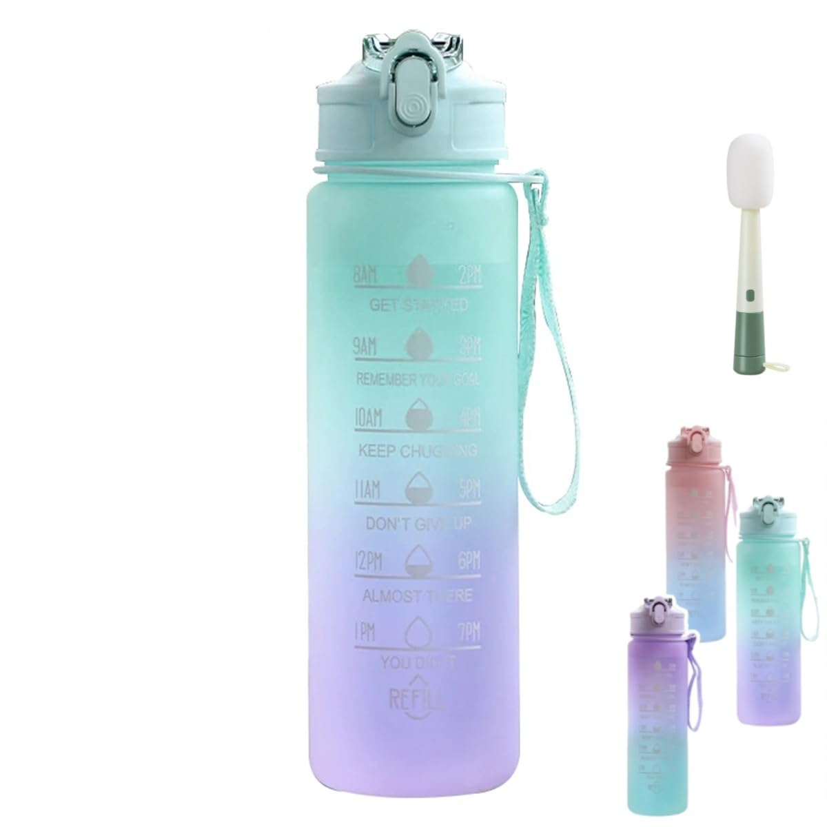 Sports Water Bottle 750 ml with Time Markings Leak Proof Sports Water Bottle with Cleaning Brush for School Bike Fitness Hiking (Green)