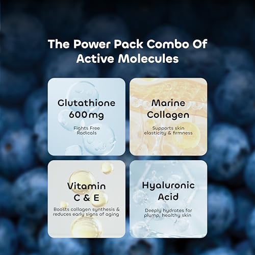 Image of L-Glutathione 500mg Effervescent Tablets | Supports Skin Whitening, Glow & Anti-Aging | Hyaluronic Acid + Vitamin C + Vitamin E | Sugar-Free Skin Brightening Supplement for Women | Pack of 2 | (Glolux Blueberry)