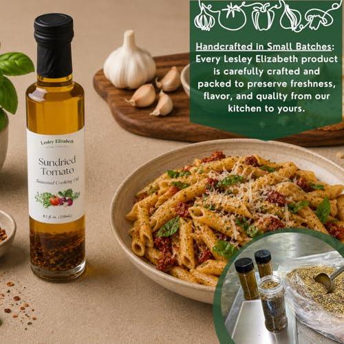 Image of Lesley Elizabeth Extra Virgin Olive Oil with Sundried Tomato & Garlic, 8.5 fl oz - Small-Batch Mediterranean-Style Infused EVOO for Drizzling, Dipping, Marinades & Everyday Cooking - All-Natural, Plant-Based Ingredients