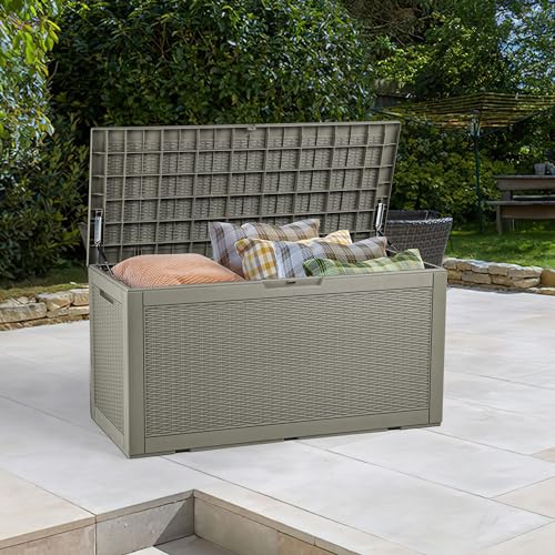 YITAHOME Aufbewahrungsbox für den Außenbereich, wasserdicht, 380L, große Kunstharz-Deckboxen, Garten-Aufbewahrungsbox, Outdoor-Kissen, abschließbar, Garten-Aufbewahrungsbehälter, Hellbraun – Bild 3