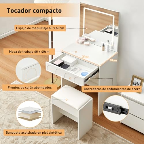 LEMROE Tocador Moderno con Espejo LED Táctil 3 Luces, Mesa de Maquillaje Compacto con Cajón y Taburete, para Espacios Pequeños, Blanco (Blanco) - imagen 7