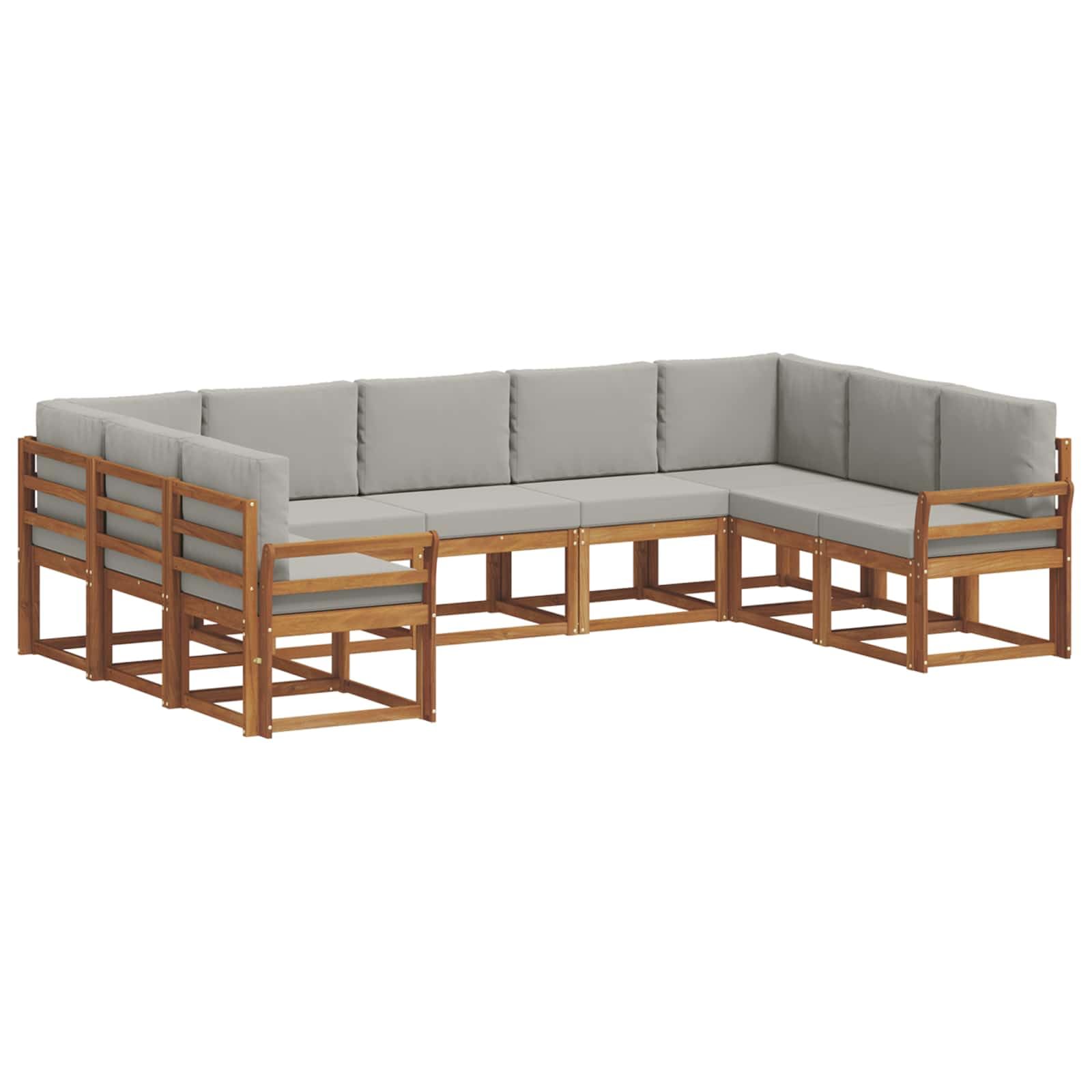 9-częściowy zestaw wypoczynkowy z poduszkami, lite drewno akacjowe, naturalny design z jasnoszarymi tapicerkami, elastyczne rozmieszczenie do ogrodu, na taras lub basen, trwały i wygodny
