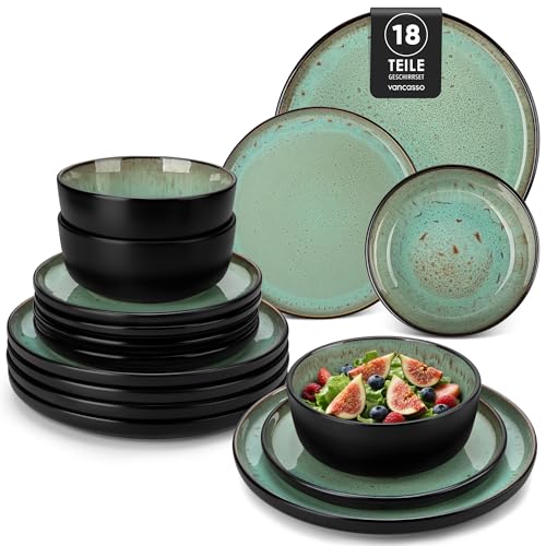 vancasso AMBER Service Vaisselle 6 Personnes, Ensemble Assiettes de Table 18 Pièces en Grès - Assiettes Plates, Assiettes à Dessert et Bols - Adapté au...