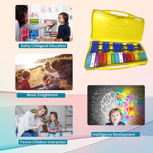 Image of Xylophone for Kids 25 Notes Glockenspiel Metal Percussion Instrument with Case Two Safe Mallets, Perfectly Tuned Musical Instrument Toddlers Adult Music Teaching, Gifts(Yellow)
