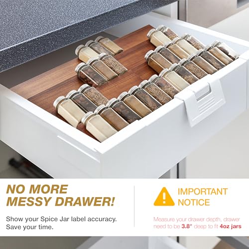 Image of Tinamo Spice Drawer Organizer-Acacia Wooden Countertop Tray Spice Racks Organizer For Cabinet Storage Shelf-4 Tier Spice Rack Organizer For Drawer 64 Jars, Tiered Shelf