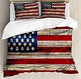 Ambesonne 4th of July Duvet Cover Set, Wooden Planks Painted as United States Flag Patriotic Country...